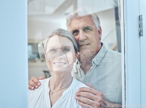 Image of Senior couple, retirement future and window vision for thinking, love and care in Australia home. Happy, elderly and old people, woman and man in house, hope and lifestyle, dream and opportunity idea