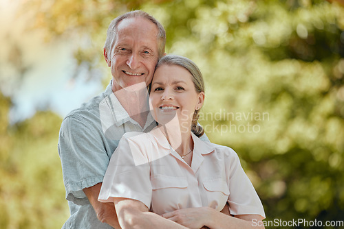 Image of Happy, love and portrait of old couple in park for retirement, smile and hug in nature. Peace, wellness and health with old man and woman in countryside for calm, lifestyle and marriage milestone