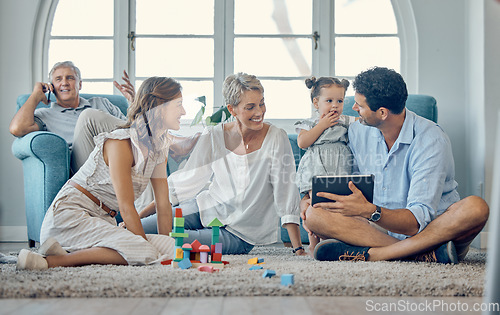 Image of Family, love and digital tablet on floor with baby, parents and grandma bond, play and relax in living room together. Happy family, girl and generations enjoy quality time on carpet with online game