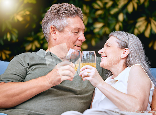 Image of Senior, couple and toast on vacation with drink, cocktail or juice to relax, romance or bonding in nature. Elderly man, woman and retirement with smile, happy and love with glass in garden together