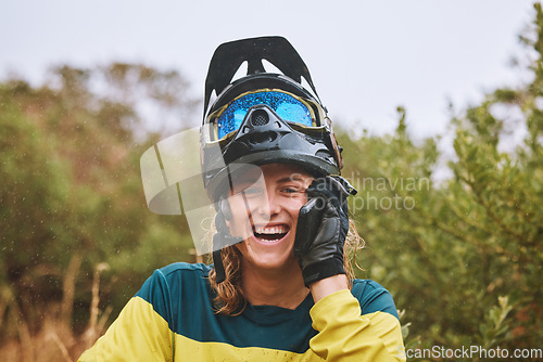 Image of Phone call, smile and cycling man outdoor calling, talking and mobile speaking with happiness. Happy, sports and bike ride of an athlete in a funny conversation laughing after nature exercise