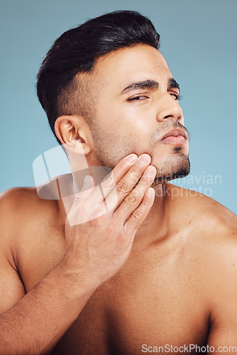 Image of Skincare, dermatology and model check for acne, clean beard grooming or pimples during facial cleaning routine. Cosmetology healthcare, spa wellness and aesthetic beauty man with self care treatment
