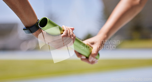 Image of Sports, running and hands of runner with baton for exercise, fitness and speed at stadium. Sport, hand and team relay race challenge at running track by people marathon training, workout and energy