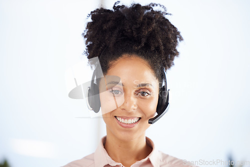 Image of Call center, customer support and smile with portrait of black woman for telemarketing, ecommerce and consulting. Crm, happy and face of employee with headset for sales, contact us and communication