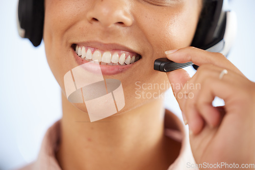 Image of Call center, happy smile or mouth telemarketing woman working in consultant, sales or a help desk. Contact us, crm and the smile of a woman consulting on customer service or customer support helpline