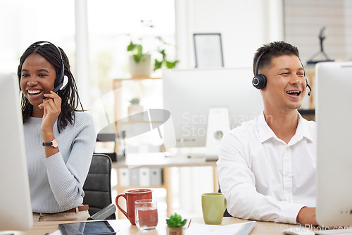 Image of Happy, call center and team working in customer support, contact us and online help for ecommerce in office. Crm, telemarketing and smile by black woman and man consultant excited by customer service
