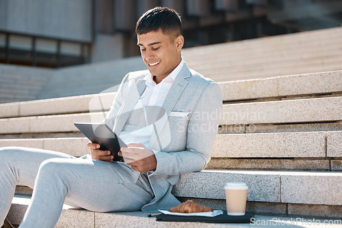 Image of Tablet, stairs and business man on coffee break reading news, corporate email or give feedback on social media app. Breakfast croissant, lunch time or relax trading expert review stock market data