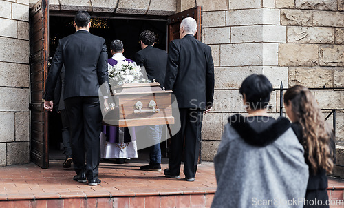 Image of Death, funeral and people with coffin to church, chapel service and ceremony for temple ritual. RIP, mourning and burial of dead in casket, respect or christian religion, memorial and grieving family
