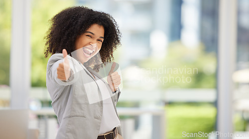 Image of Business thumbs up, happy and black woman excited with high energy, crazy and thumbsup for marketing success or growth. Yes, corporate motivation and young employee with emoji hands sign for good job
