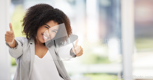 Image of Thumbs up, success and business girl excited with achievement of goals, startup company growth or job venture. Mockup emoji hands sign, positive feedback and black woman with energy and yes gesture