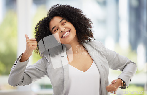 Image of Thumbs up, hands and happy black woman in city or street outdoors. Thank you, yes or ok of business woman from South Africa in agreement, approval or satisfaction with motivation for success goals.