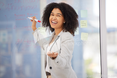 Image of Black woman, leader and smile for coaching with sticky notes in meeting, question or workshop training at the office. Portrait of happy African American female business manager in post it planning