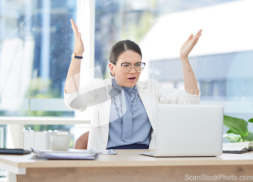 Image of Glitch, error and business woman on laptop in office with internet delay or mistake. 404, computer crash and angry, stressed or frustrated female with anxiety, pc failure or online hack and info loss