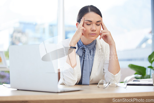 Image of Stress, headache or anxiety for business woman in laptop glitch, 404 hack or digital data breach in creative office. Mental health, burnout or pressure from mistake on technology in marketing company