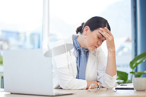 Image of Burnout, stress and business woman at laptop and tired with headache from eye strain, overworked and compliance. Mental health, exhausted and anxiety with employee at desk with pain, fatigue and fail