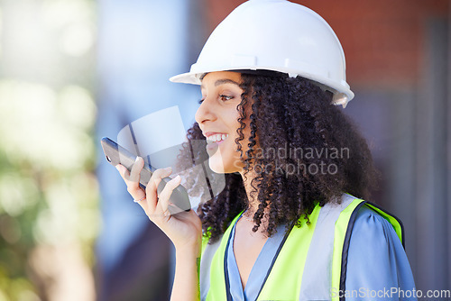 Image of Construction, black woman and phone call with microphone for voice speaker, audio recording and talking for project management, mobile planning and contact. Building logistics manager on smartphone