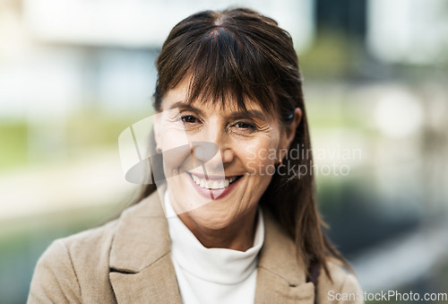 Image of Senior woman, face and smile for vision, ambition or career success in happiness for working in the city. Portrait of happy elderly female smiling with teeth in joy for successful goals or job plan
