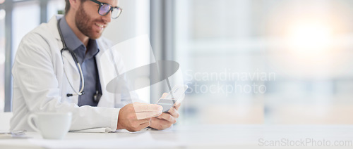 Image of Phone, healthcare or doctor with credit card payment in hospital for online shopping, ecommerce or digital banking app. Happy man, smile or nurse with smartphone for website store purchase or trading