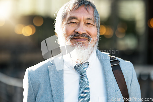 Image of Smile, portrait and senior Asian businessman standing outdoor by his office building in the city. Happy, face and professional elderly manager from Asia with a positive mindset in an urban town.