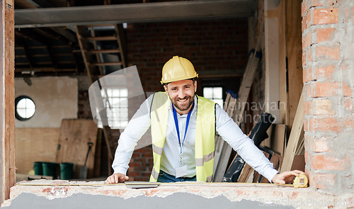 Image of Architect, building and smile on construction site for project architecture, industrial plan or maintenance safety. Portrait of happy professional engineer or builder working and smiling for contract