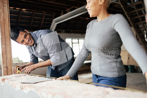 Image of Architects, tape measure or wall measurements on construction site property, real estate or office building design. Smile, happy or teamwork collaboration and architecture engineering project tools