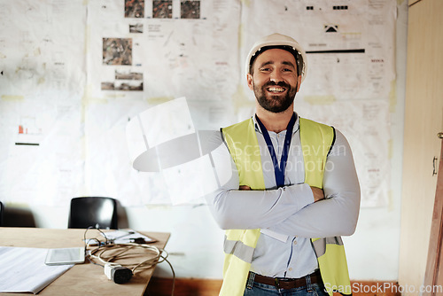 Image of Engineer, technician or construction worker happy for working in office for construction, architecture and building project. Portrait of a manager with smile for vision, goal and career in engineerin