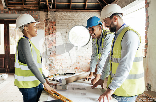 Image of Construction team planning a building blueprint project on site with collaboration for architect innovation. Architecture, design and engineers with teamwork for successful industrial renovation