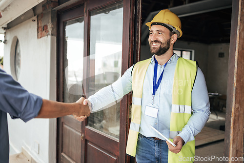 Image of Construction, architect and handshake deal at building for professional contract, trust and welcome. Architecture, house and renovation planning agreement with expert worker man on site.