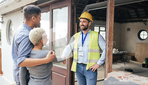 Image of Couple, home rennovation and construction builder shaking hands for congratulations on new house, real estate purchase and handyman. Industrial architect, property engineer and maintenance contractor
