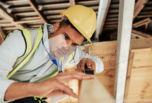 Image of Wood, tools and carpenter man building project, furniture design or home renovation measure at construction site, workshop or manufacturing. Construction worker, contractor or builder working process