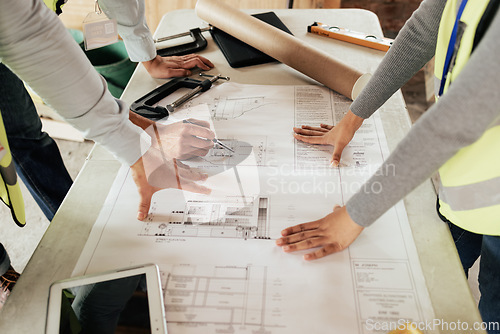 Image of Architect team planning, hands collaboration and blueprint paper, strategy and building designers working on floor plan. Creative workers with teamwork and architecture design in corporate work table