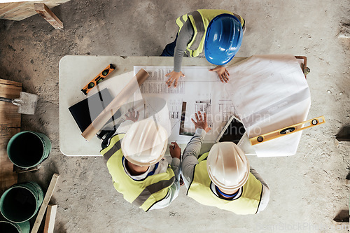 Image of Architect, construction and blueprint with an engineer and designer team working on a building site from above. Meeting, planning and architecture with a design group in collaboration on a project