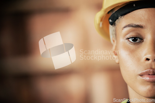 Image of Portrait, face and construction worker with vision, goal and target for building development, architecture and maintenance on a construction site. Woman architect with hard hat for industrial safety