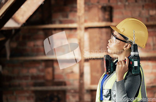 Image of Woman, electric drill and engineer construction worker in building for wall renovation. Industry professional contractor, engineer and female handyman working with power tools on construction site