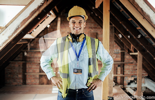 Image of Construction, engineer and happy employee, smile and leadership on construction site or building renovation. Man architect, construction worker and development manager smile for maintenance success