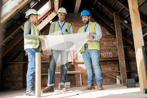 Image of Construction workers, teamwork diversity or collaboration in blueprint planning, real estate innovation or property innovation. Men, woman or construction site design paper for house or home building