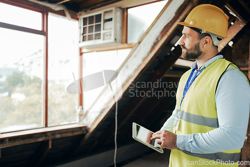 Image of Thinking construction worker, man and tablet for real estate ideas, property innovation or architecture vision. Building engineering, worker or contractor on technology for house project management