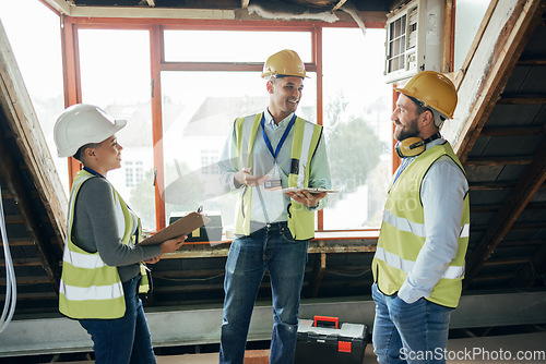 Image of Teamwork, planning and engineers talking at construction site for repairs, maintenance or renovation. Tablet, clipboard and collaboration of contractors or architects in discussion at building site.