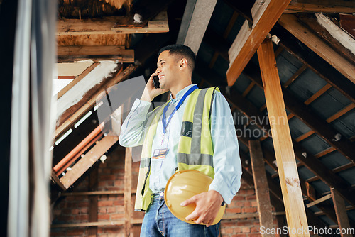 Image of Architect, phone call and man talking on smartphone at construction site for building project. Engineer, contact and happy male on 5g mobile discussing, chatting or speaking about engineering plans.