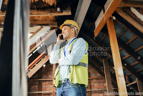 Image of Architecture, construction and phone call with male architect planning a building project with communication. Engineer, man and cellphone conversation for construction worker home renovation project