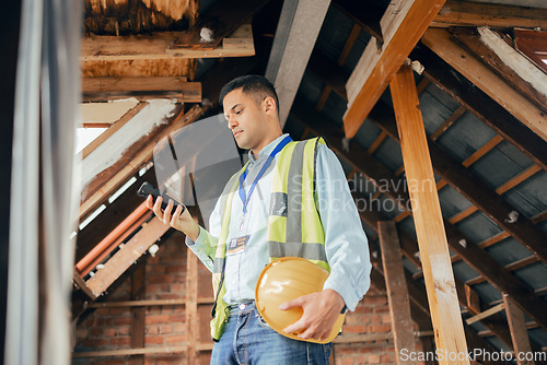 Image of Building, engineering and construction worker with phone in hand texting, typing and online. Technology, construction and architect, engineer or contractor in building site on internet on smartphone