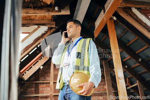 Image of Engineering, phone call and man at a construction site working on an architectural project. Smartphone, architecture and industry worker on a mobile conversation while doing maintenance on a building