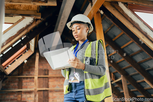 Image of Tablet, woman construction worker or engineer with tech in construction site for networking, communication or 5g network. Employee, manager or girl architecture working on architect building idea