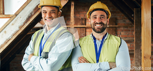 Image of Building, collaboration and portrait of construction workers with success, happiness and teamwork. Engineering, leadership and businessmen in architect industry working together on construction site