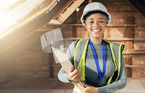 Image of Engineering, checklist and electrician in house basement for inspection, maintenance or electrical services. Technician, smile and happy woman checking pipes for safety or security in home renovation