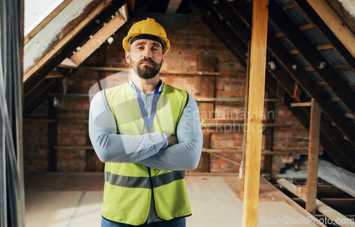 Image of Construction worker, man or arms crossed in house or home and real estate vision, property innovation or architecture ideas. Portrait, building engineering contractor or employee on construction site