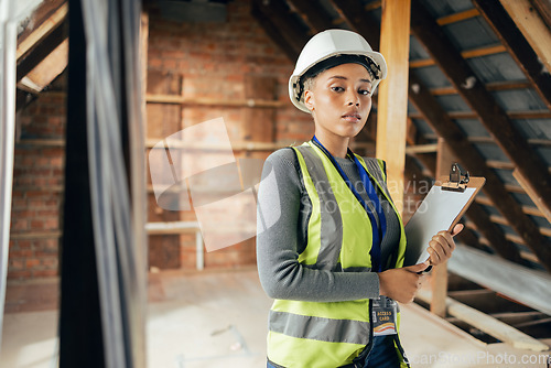 Image of Construction, inspection and construction worker working on the maintenance, renovation and planning of a house. Building, engineering and portrait of an architecture engineer in safety at a site