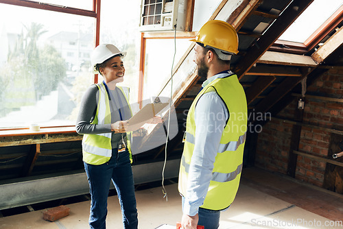 Image of Engineering team, talking and planning together for a building construction or renovation project with teamwork, collaboration and communication. Man and woman engineer or technician talk development