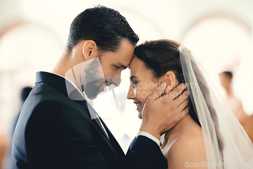 Image of Couple love, wedding and face together for support, care and trust. Happy bride, groom smile and forehead eye contact for marriage, happiness and romantic partnership on special day celebration
