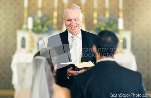 Image of Wedding, priest and couple at the altar saying vows while getting married in a church for commitment, love and care. Birde and groom or man and woman with a pastor for marriage, support and religion